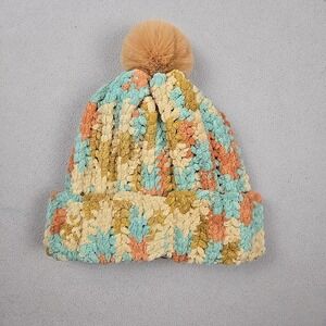 Chunky Knit Pom-Pom Beanie Hat – Multicolor Chenille – One Size About 19" Around